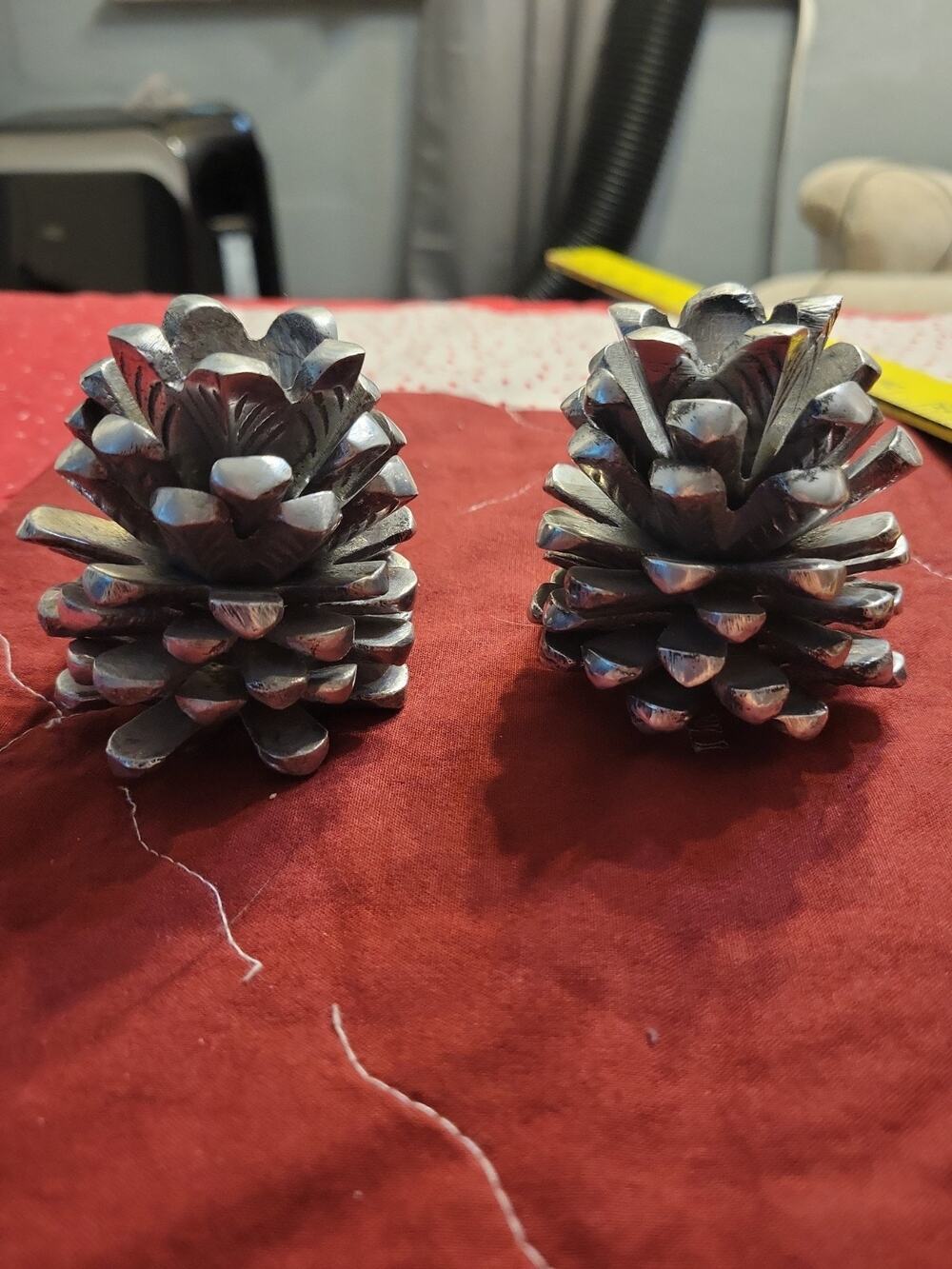 Vintage Silver-Toned Pinecone Taper Candle Holders ~ 1990s Holiday ~ Set of 2